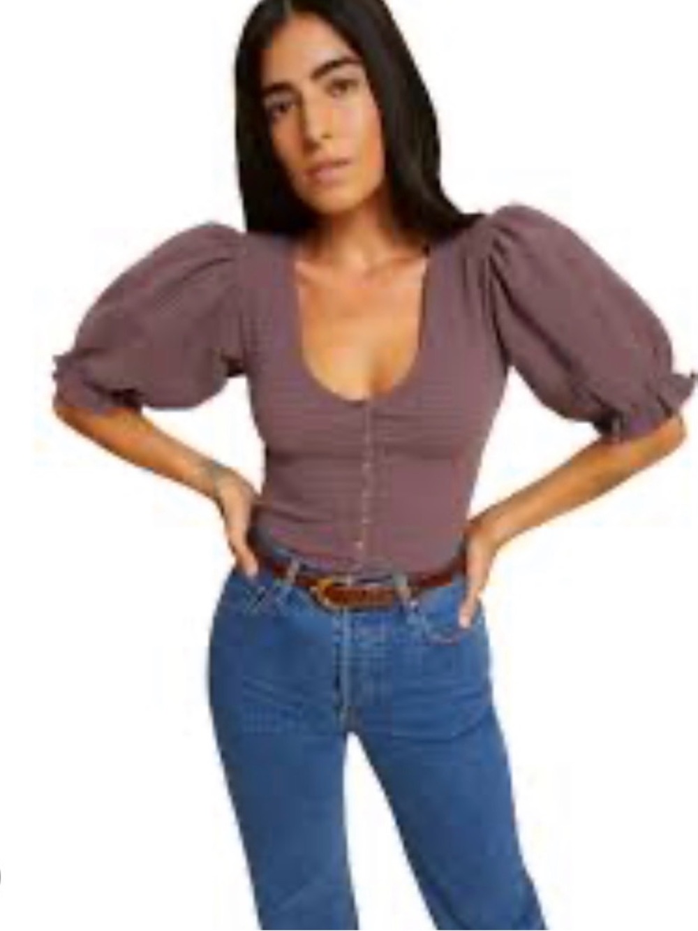 Nation LTD Snap Corsett Tee Frozen Grape Puff-Sleeve Scoop-Neck Top